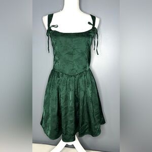 Francesca's Dress Womens M Green Floral Satin Jacquard Square Neck Mini Party
